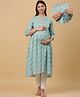 CRAFIQA Three Fourth Sleeves Floral Printed Maternity Kurta With Concealed Zipper Nursing Access - Sea Blue