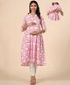 CRAFIQA Three Fourth Sleeves Floral Printed Maternity Kurta With Concealed Zipper Nursing Access - Pink & White