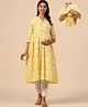 CRAFIQA Three Fourth Sleeves Floral Printed Maternity Kurta With Concealed Zipper Nursing Access - Yellow & White