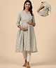 CRAFIQA Three Fourth Sleeves Abstract Printed Maternity Kurta With Concealed Zipper Nursing Access - Grey Blue