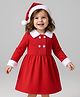 Kookie Kids Full Sleeves Solid Colour Christmas Theme Collared Frock with Cap - Red