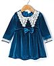 Kookie Kids Woven Full Sleeves Frock With Lace & Bow Detailing - Navy Blue