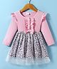 Kookie Kids Full Sleeves Frock with Frill Detailing & Cheetah Print - Pink