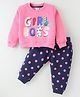 Smarty Girls Fleece Woven Full Sleeves Night Suit with Text & Polka Dot Print - Pink & Navy Blue