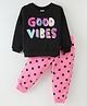 Smarty Girls Fleece Woven Full Sleeves Night Suit with Text & Polka Dot Print - Black & Pink
