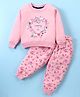 Smarty Girls Cotton Woven Full Sleeves Fleece Winter Night Suit Floral & Unicorn Print - Pink