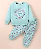Smarty Girls Cotton Woven Full Sleeves Fleece Winter Night Suit Floral & Unicorn Print - Green