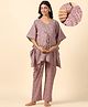 Ikk Kudi by Seerat Cotton Woven Three Fourth Batwing Sleeves Abstract Motif Printed Kaftan Top With Zipper Nursing Access & Pant Set - Burgundy