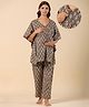 Ikk Kudi by Seerat Cotton Woven Three Fourth Batwing Sleeves Abstract Motif Printed Kaftan Top With Zipper Nursing Access & Pant Set - Grey