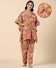 Ikk Kudi by Seerat Cotton Woven Three Fourth Batwing Sleeves Floral Printed Kaftan Top With Zipper Nursing Access & Pant Set - Orange