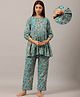 Ikk Kudi by Seerat Cotton Woven Three Fourth Sleeves Floral Printed Peplum Top With Zipper Nursing Access & Pant Set - Turquoise
