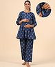 Ikk Kudi by Seerat Cotton Woven Three Fourth Sleeves Floral Printed Peplum Top With Zipper Nursing Access & Pant Set - Blue