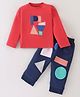 Pepito Interlock Knit Full Sleeves T-Shirt & Lounge Pants Set With Geometrical Shapes Print - Tomato Red & Navy