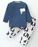 Pepito Cotton Knit Full Sleeves Night Suit With Elephant Print & Applique - Navy & Grey