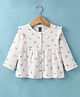 Pepito Interlock Knit Full Sleeves Front Open Frock with Frill Detailing & Floral Print - White