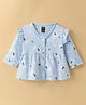 Pepito Interlock Knit Full Sleeves Frock With Cute Baby Elephant Print & Frill Detail - Sky Blue
