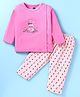 Pepito Cotton Knit Full Sleeves Front Open Night Suit With Animals Embroidery - Pink