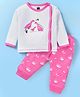 Pepito Interlock Full Sleeves Front Open Night Suit With Birds Print & Embroidery - White & Dark Pink