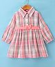 Kookie Kids Cotton Woven Full Sleeves Collared Checkered Frock With Belt & Bow - Pink