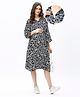 Bella Mama Woven Three Fourth Sleeves Maternity Shirt Dress with Leafy & Floral Print - Navy Blue