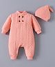 Kookie Kids Full Sleeves Winter Romper with Cable Knit Design & Cap - Pink