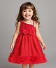 Babyhug Woven Sleeveless Party Frock with Bow Ruffles & Glitter Print - Red