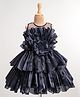 Bluebell Tissue Woven Sleeveless Layered Frock with Floral Applique - Navy