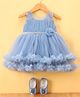 Bluebell Net Knit Sleeveless  Layered Party Frock with Pair of Booties & Floral Applique - Blue