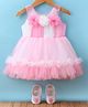Bluebell Net Woven Sleeveless Party Frock With Floral Appliques & Booties - Light Pink