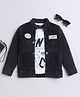 Ministitch Denim Full Sleeves Solid Jacket With Numbers & Text Printed T-Shirt - Black