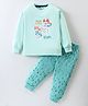 Teddy Interlock Cotton Knit Full Sleeves T-Shirt & Lounge Pant Set with Dogs & Kitty Print - Sea Green