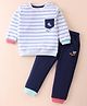 ToffyHouse 100% Cotton Knit Full Sleeves Striped T-Shirt & Lounge Pants Set - Off White & Navy