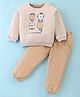 ToffyHouse 100% Cotton Knit Full Sleeves T-Shirt & Lounge Pants Set With Teddy Print - Beige