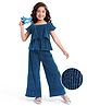 Hola Bonita Flutter Sleeves Glitter Pleated Layered Party Top & Pant Co-Ord Set - Teal Blue