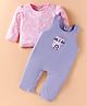 ToffyHouse 100% Cotton Knit Full Sleeves Kitty Printed Top  & Dungaree Style Romper with Patch - Lilac & Pink