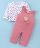 ToffyHouse 100% Cotton Knit Full Sleeves Printed &  Tiger Embroidered Dungaree Style Romper & T-Shirt - Dark Peach
