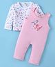 ToffyHouse 100% Cotton Knit Full Sleeves Sparrow Printed T-Shirt & Dungaree Style Romper Set - Pink