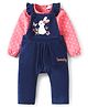 Babyhug Single Jersey Knit Dungaree & T-Shirt With Floral & Animal Embroidery - Pink & Navy
