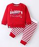 Mini Taurus Cotton Knit Raglan Sleeves T-Shirt & Striped Lounge Pants Set With Text Print - Red