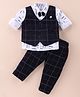 Mini Taurus Cotton Knit Full Sleeves Checkered 3 Piece Party Suit with Attached Bow - Blue