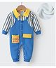 Kookie Kids Full Sleeves Collared Striped Front Open Romper with Text Print & Pocket Detailing - Blue