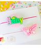 Little Tresses Combo of Baby and Butterfly Rakhi with Roli, Chaawal, Card in a Box  - Green, Pink