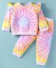 ToffyHouse Cotton Knit Full Sleeves Winter Wear Frill Detailing Tie Die Printed Top & Joggers Set - Yellow & Pink