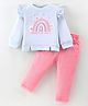 ToffyHouse Cotton Knit Full Sleeves Top & Woven Corduroy Pants Set With Rainbow Theme Print & Mesh Detail - Pink