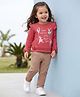 ToffyHouse Knitted Cotton Full Sleeves Frill Detailing Top with Bow Applique Pant Set -  Dark Pink & Brown