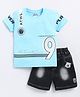 CUTOPIES Cotton Half Sleeves Numercal Printed Tee & Patch Detailed Shorts Set - Powder Blue