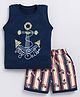 CUTOPIES Cotton Sleevesless Anchor Printed Tee With Striped Shorts Set - Navy Blue