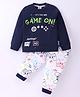Mini Donuts Cotton Knit Full Sleeves T-Shirt & Lounge Pants Set With Gaming Theme Print - Navy & White