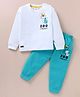 Mini Donuts Cotton Knit Full Sleeves T-Shirt & Lounge Pants Set With Animals Print - White (Shoulder Button May or May-not Be Available)