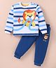 Mini Donuts Cotton Knit Full Sleeves T-Shirt & Lounge Pants Set With Lion Print -Off white & Blue